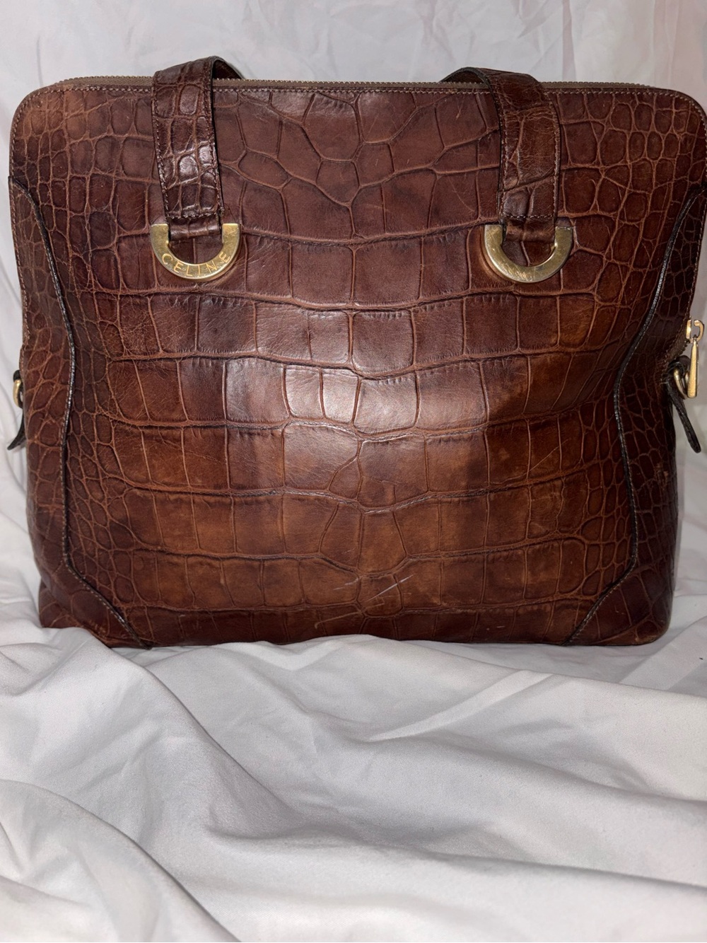 Vintage Celine Croc-Embossed Leather Tote Bag – Brown - Picture 2 of 10